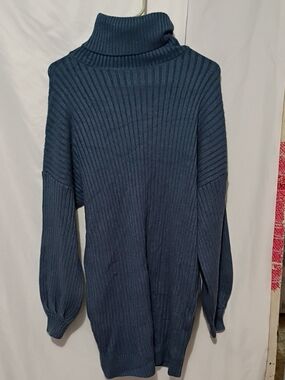Turtleneck Ribbed Longline Sweater Dress - Blue Chambray XL Bonus Jewelry